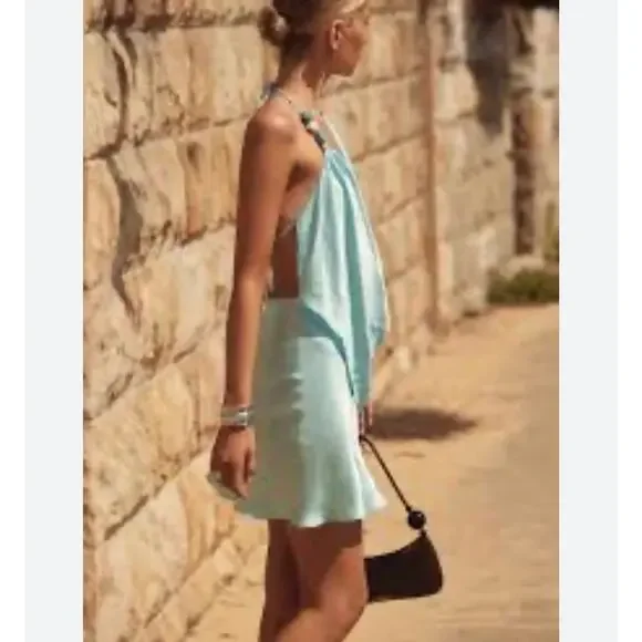 SNDYS Rosita Halter Mini Dress in Fresh Mint With Stone Bead Straps NEW - Picture 2 of 9